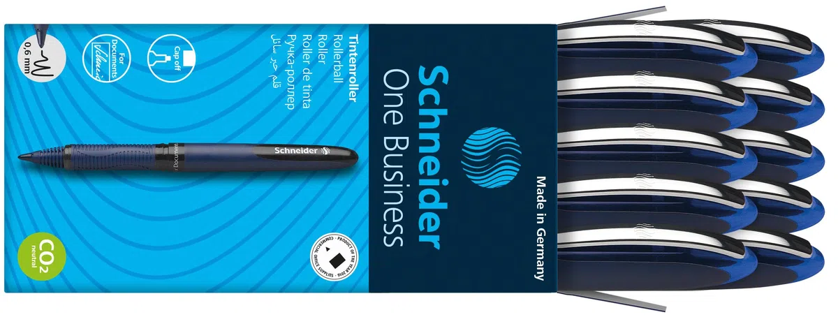 Schneider 183003 One Business Tintenroller (dokumentenecht mit 0,6 mm Strichstärke, Made in Germany) 10er Pack, blau