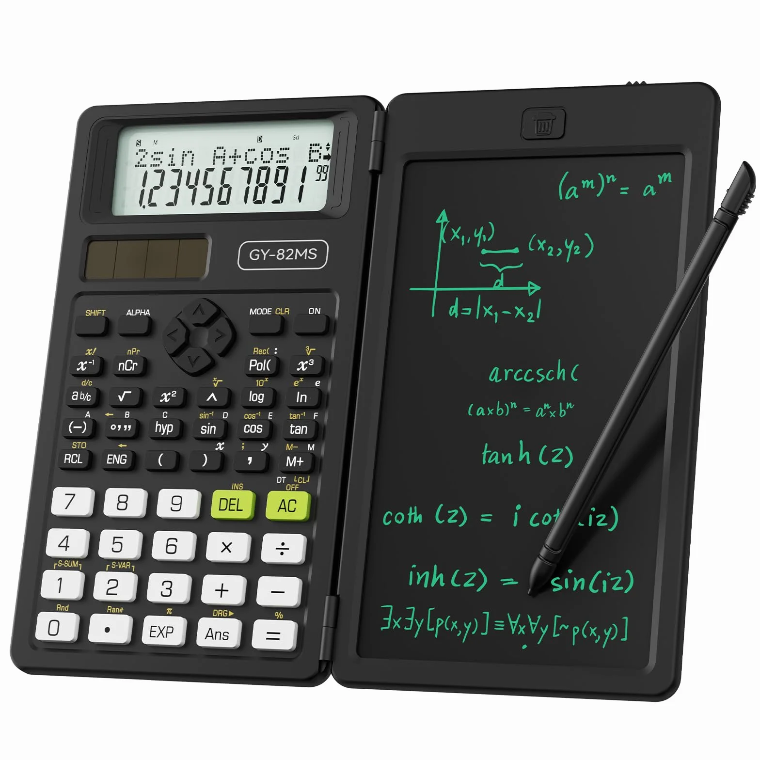 NEWYES Wissenschaftlicher Taschenrechner, 82MS Ingenieurrechner mit Schreibtablett und Stift, 240 Funktionen, 2-zeiliges Display, Mittel- und Oberschulbedarf, Schwarz