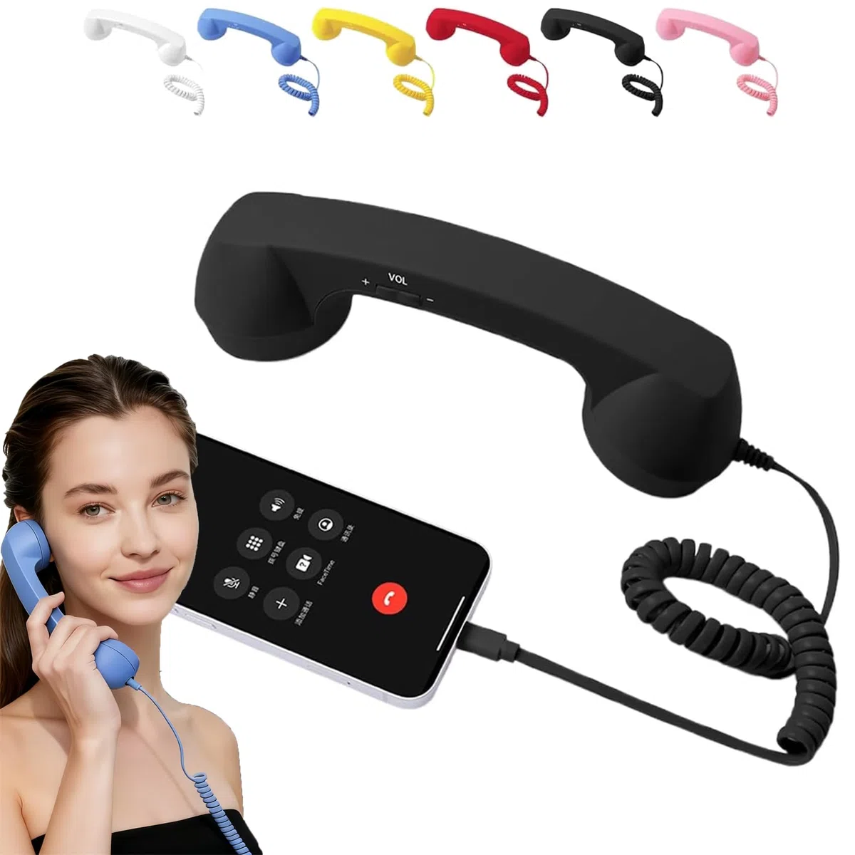 TelefonhöRer für Handy, Retro-TelefonhöRer mit Typ-C-Verbindung, Integrierter, Klarer Lautsprecher – Geeignet für Anrufe und Videokonferenzen., Plug-and-Play-Handmikrofon (Schwarz)