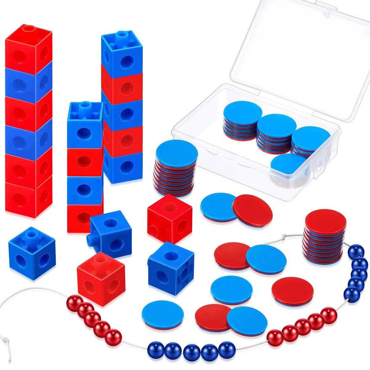 Geosar Mathematik Set Rechenkette Rot/Blau 20 Zählkette mit Zweifarbigen Kugeln 30 Zählchips 20 Mathe Würfel Rechen Set