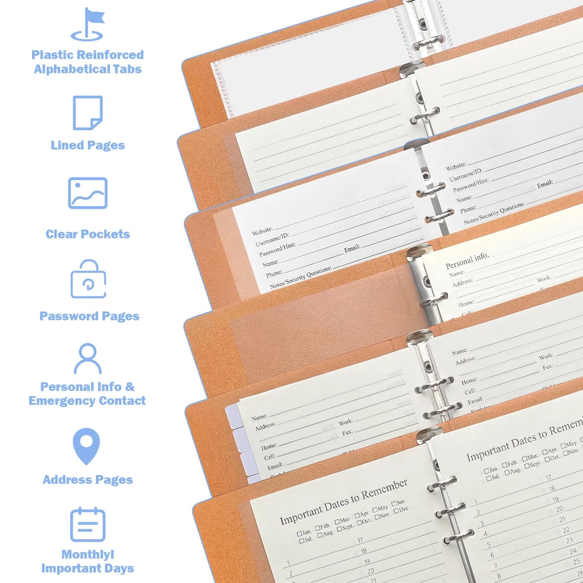 Nachfüllbares Adressbuch mit alphabetischen Registerkarten, 648 Eintrittsräume Großdruck Kontaktadresse/Telefonbücher, Blau PU-Leder Hardcover A5 6 Ring Adressbuch Binder für Senior Home Office