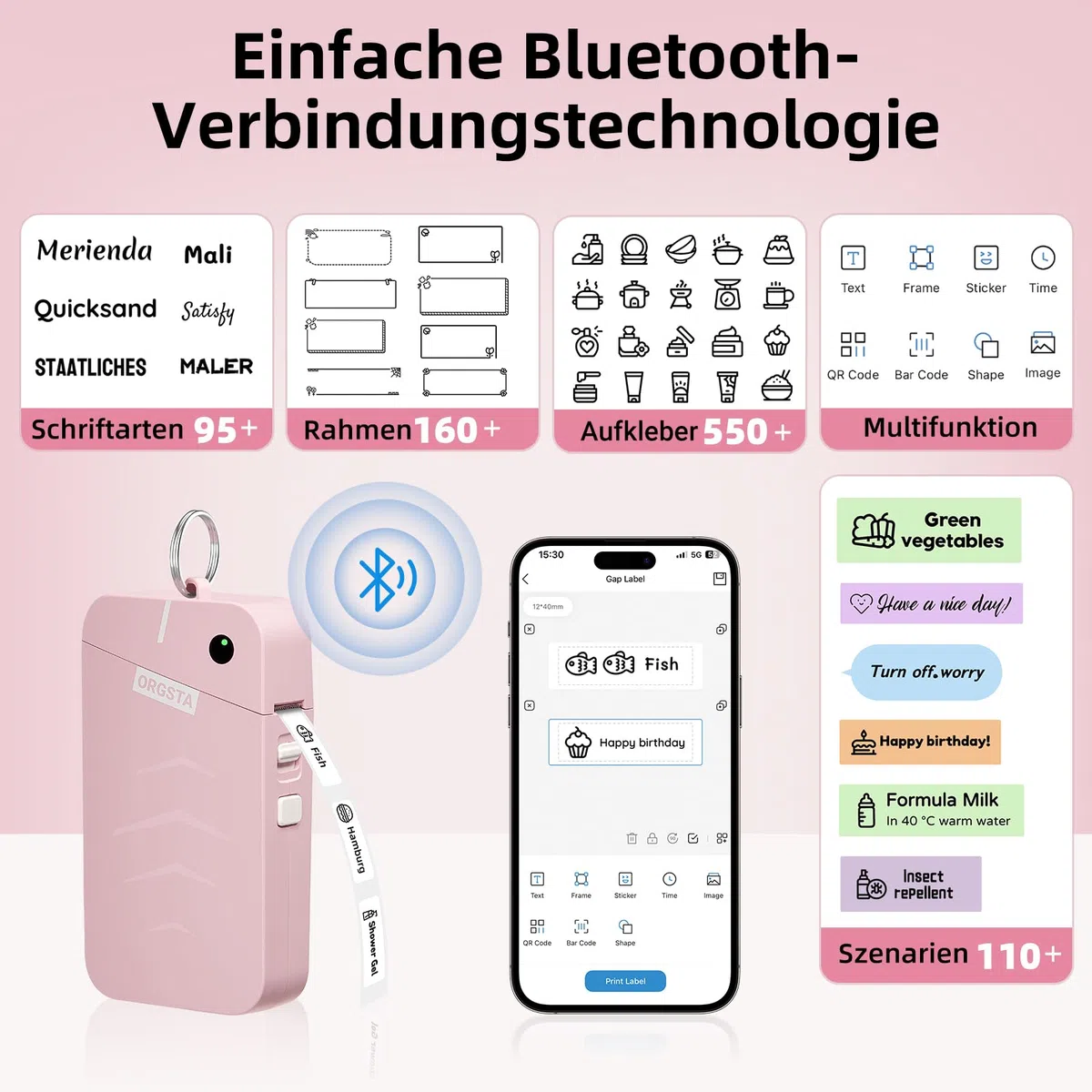 ORGSTA S001 Etikettendrucker Selbstklebend Etikettiergerät Bluetooth 2000 mAh Etikettiermaschinen Beschriftungsgerät Ettikettiergeraet Label Printer Sticker Maker Weihnachten