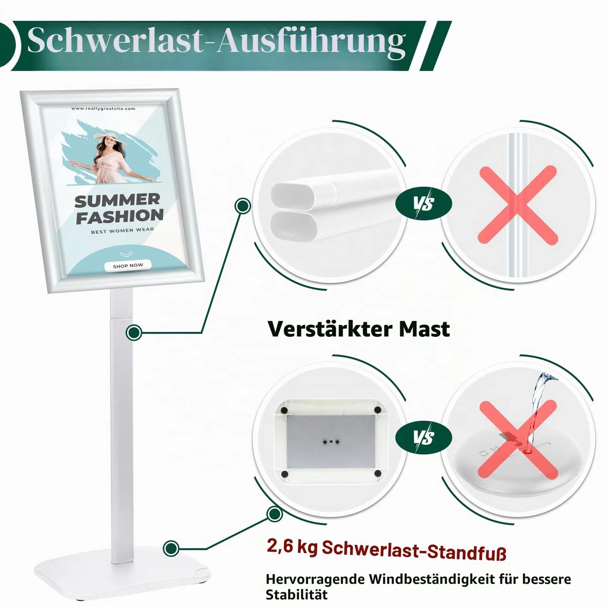 Infoständer DIN A3, Plakatständer mit stabiler Basis, bodenstehender Posterständer für Menü/Mitteilungen/Display, Outdoor-Willkommensschild-Halter, Ständer für Plakate und Werbung, Silber