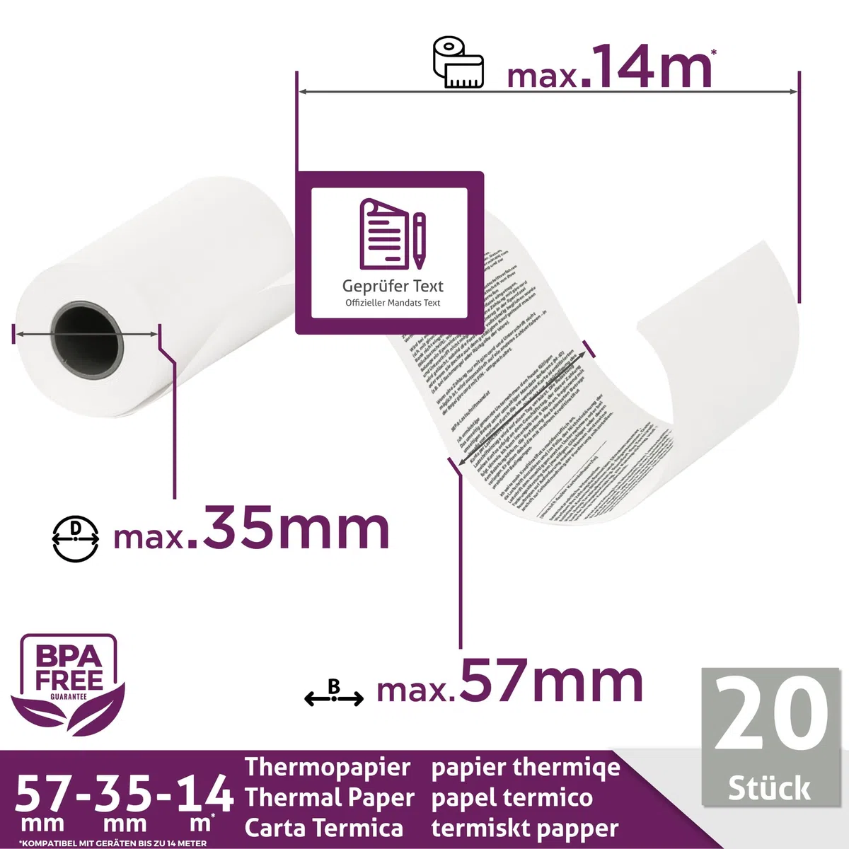 Ec-Cash Thermorollen 57mm x 14m x 12mm - Kassenrollen - Thermopapier - Bonrollen für Bankomat - Kredit-Kartenlesegeräte (57x35x12) – mit SEPA-Lastschrifttext (20 Rollen)