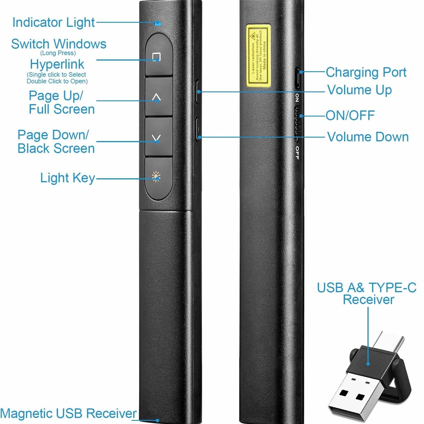 USB/Type-C 2-in-1 Wireless Presenter Aufla-dbarmit Hyperlink Lautstärkeregler, 2.4Ghz Powerpoint Fernbedienung Pointer für Präsentationen Klicker, Kabelloser Präsenter für Mac Laptop