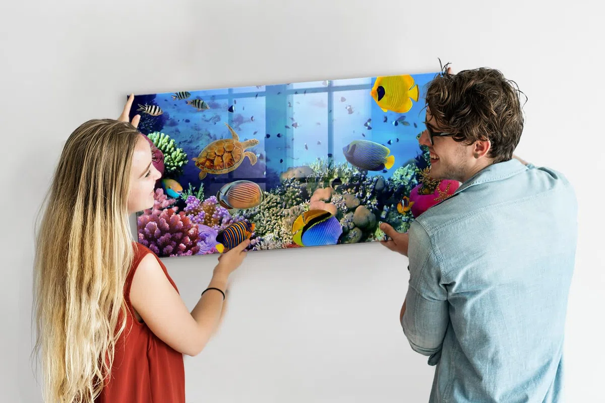 Magnettafel Glas mit Zubehör | Schreibtafel abwischbar | Glasboard mit Neodym-Magneten | Modernes Wandboard für Organisation, Planung & kreative Ideen - 120x60cm Unterwasserleben