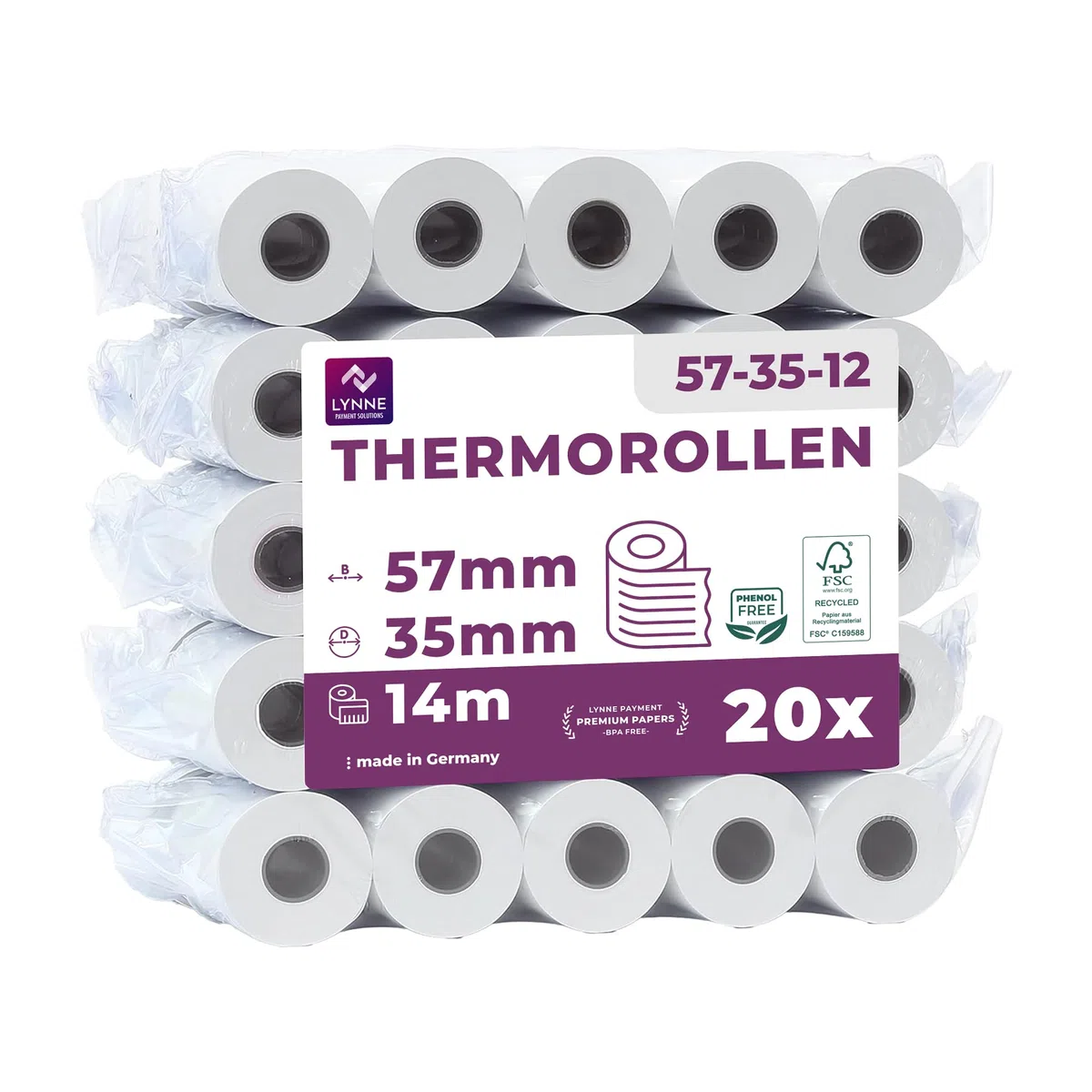 Ec-Cash Thermorollen 57mm x 14m x 12mm - Kassenrollen - Thermopapier - Bonrollen für Bankomat - Kredit-Kartenlesegeräte (57x35x12) – mit SEPA-Lastschrifttext (20 Rollen)