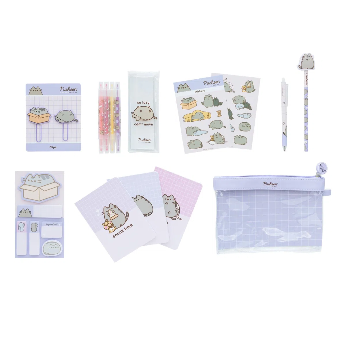 Grupo Erik Schreibwaren Set Pusheen Cat Kugelschreiber Bleistift mit Radiergummi - Federmäppchen Groß - Büroklammern - 4 Textmarker - Notizzettel Klebend Pusheen Fanartikel Kawaii Schulsachen