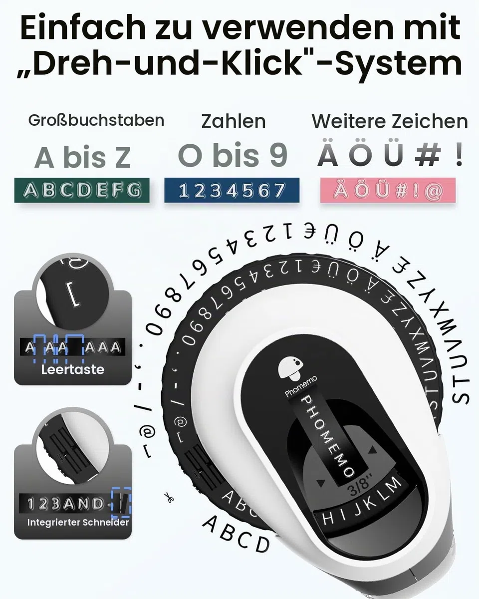 Phomemo Prägegerät, E975 Etikettiergerät Retro 3D Vintage Handgerät Beschriftungsgerät Prägegerät mit 3 Rollen Schwarzes Band Wasserfesten für Kinder DIY-Projekte, Zuhause, Büro & Schule(£/€, Ä, Ö, Ü)