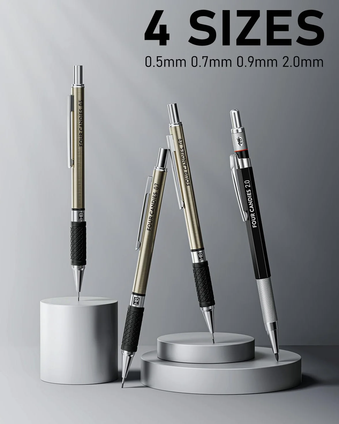 Four Candies 25-teiliges Kunst Druckbleistift-Set mit Etui, Metall-Druckbleistifte 0,5, 0,7, 0,9 mm 2 mm Kupplungsstift (HB 2H 2B 4B Farbe) mit 432 Stück Graphit Minen-Nachfüllungen für Zeichnen
