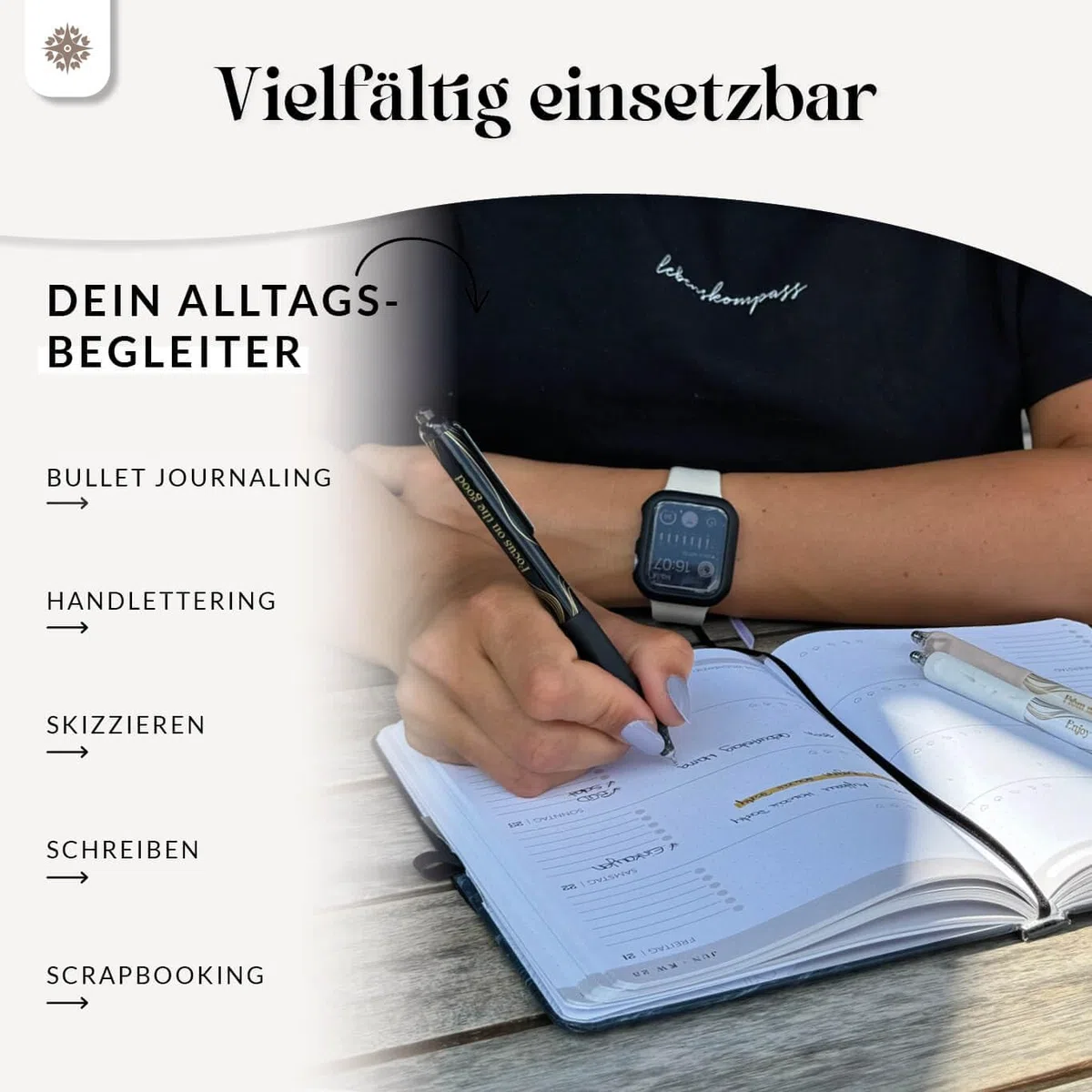 LEBENSKOMPASS Gelstifte Set Schwarz mit Silent-Click-Technologie - Hochpigmentierte, Schnelltrocknende Gel Kugelschreiber - Dünne 0,5mm Strichstärke Gelschreiber - 6 Stück in 3 Designs