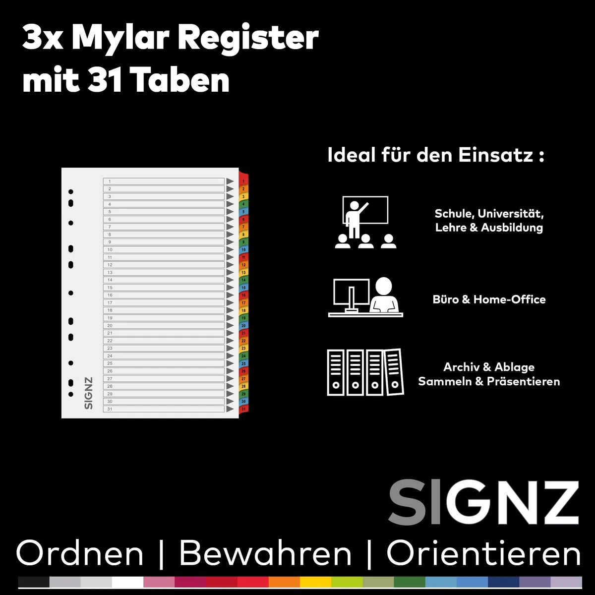 SIGNZ Register DIN A4, 31 - teilig, 3 Stück, extra starke Trennblätter, CO2-neutral hergestellt, made in Germany
