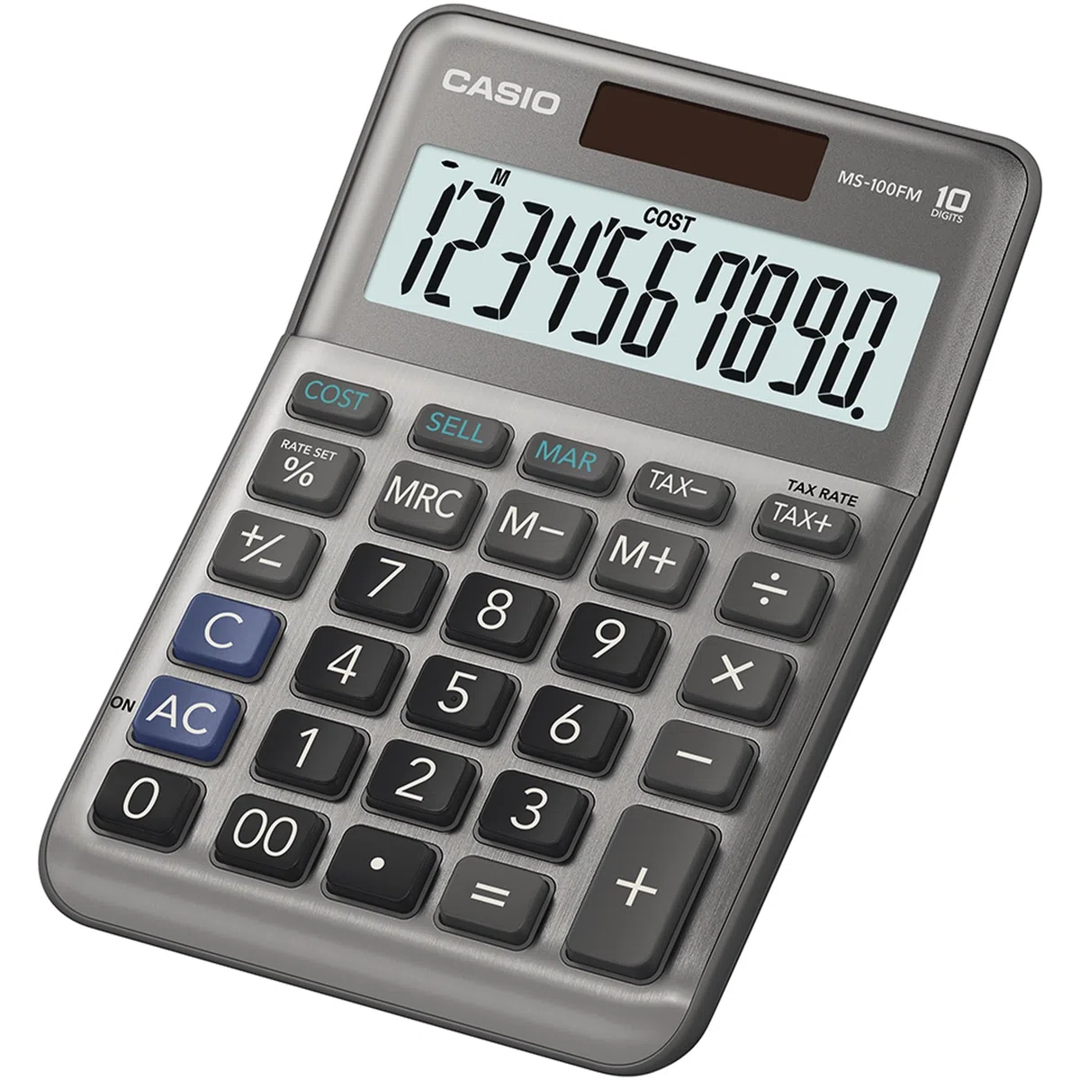 Casio Tischrechner MS-100FM, 10-stellig, Steuerberechnung, Cost/Sell/Margin, Aluminiumfront, Vorzeichenwechsel, Solar-/Batteriebetrieb