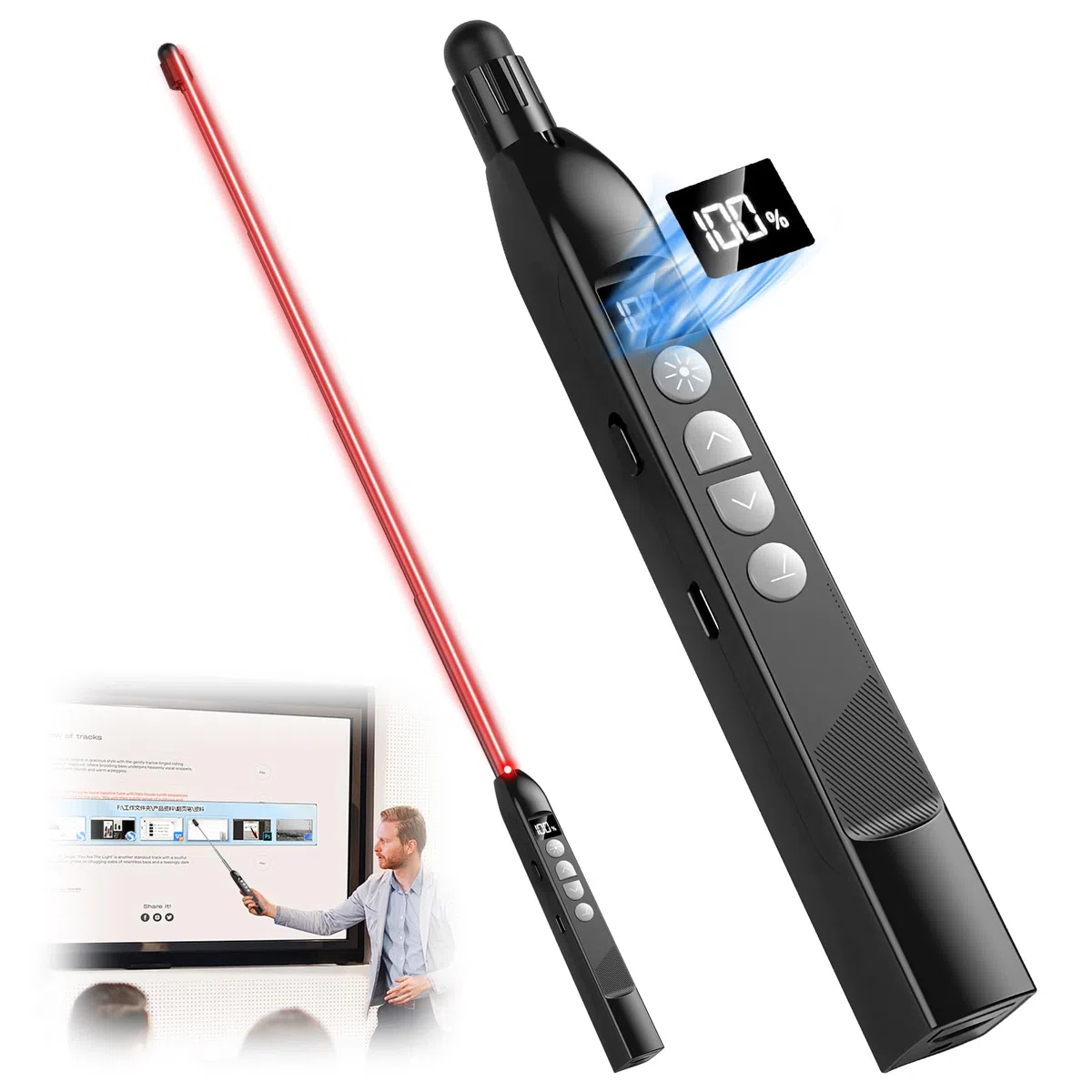 Presenter mit 2,4 Ghz USB-EmpfäNger,3-Stufen Rotlaser,Ausziehbarer Zeigestock,199-Minuten Countdown-Timer Mit Vibrationsalarm,Kompatibel Mit Windows/Mac/Linux & Powerpoint/Keynote/Google Slides
