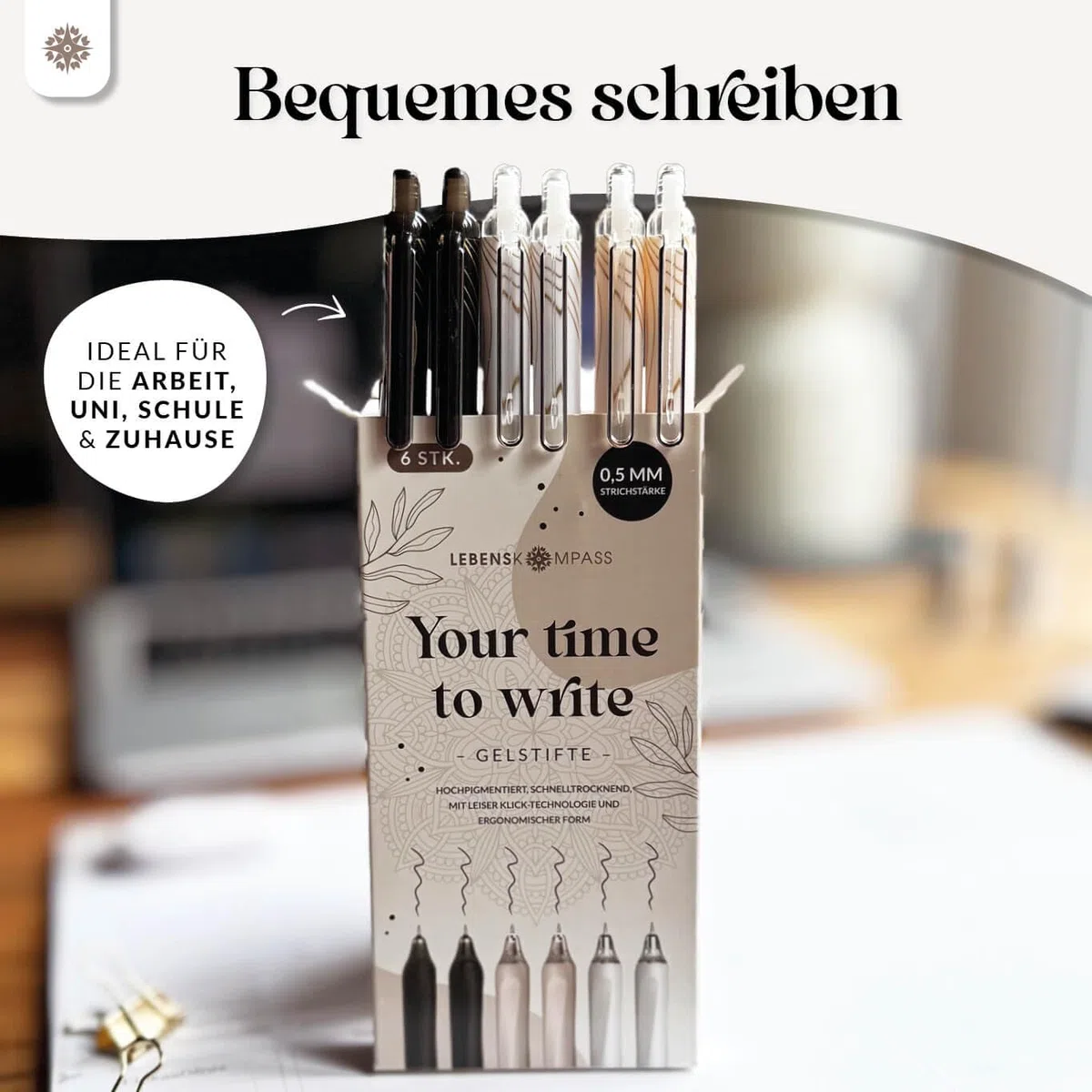 LEBENSKOMPASS Gelstifte Set Schwarz mit Silent-Click-Technologie - Hochpigmentierte, Schnelltrocknende Gel Kugelschreiber - Dünne 0,5mm Strichstärke Gelschreiber - 6 Stück in 3 Designs