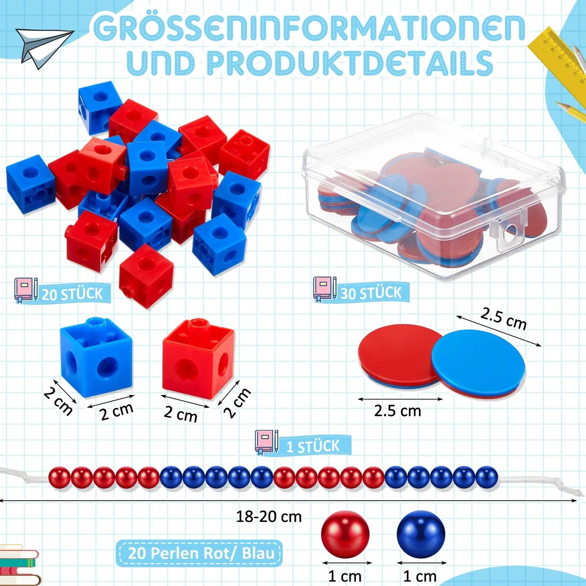Geosar Mathematik Set Rechenkette Rot/Blau 20 Zählkette mit Zweifarbigen Kugeln 30 Zählchips 20 Mathe Würfel Rechen Set